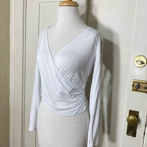 Kira White Faux Cross Front Deep V Neck Long Sleeve 100% Modal Top M